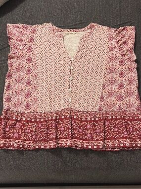 Lucky Brand Pink Floral Button-Front Flutter Sleeve Blouse. Size L
